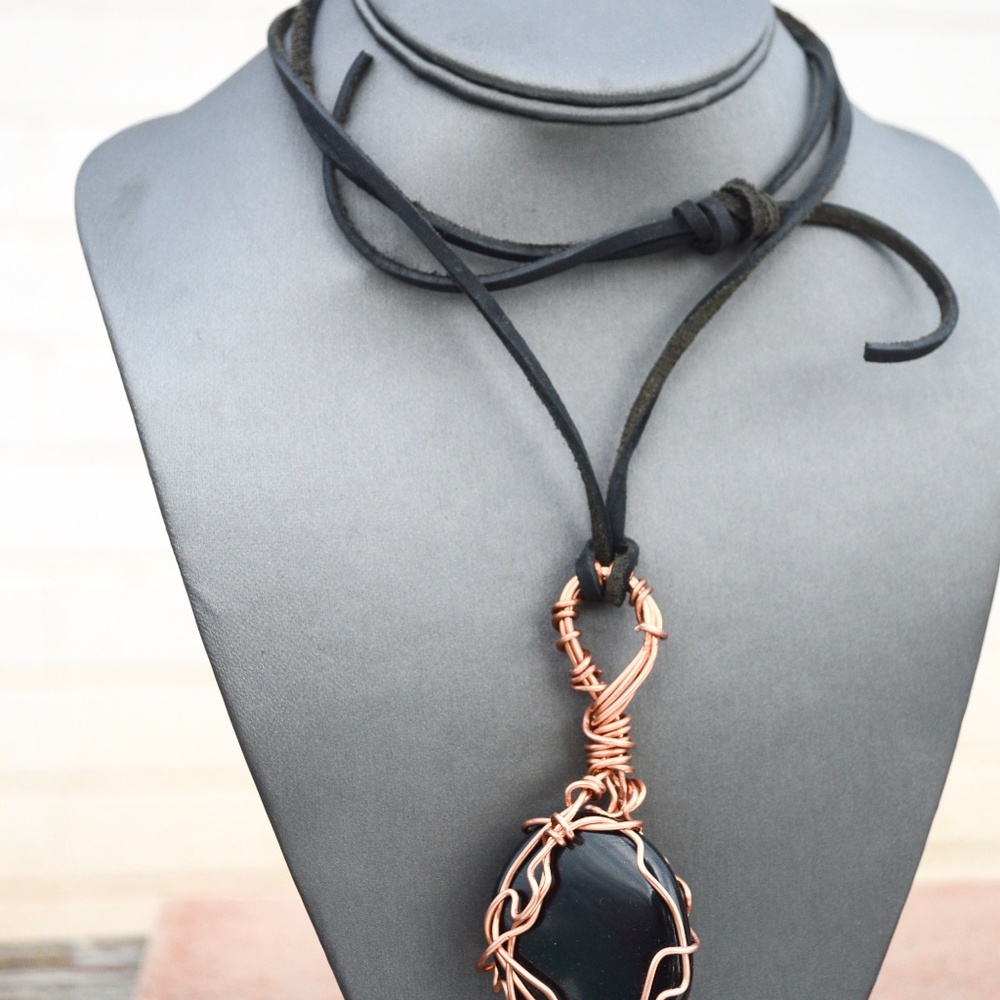 Black Obsidian Solid Copper Pendant Leather Necklace Handmade Artisan Wire Wrap - Picture 5 of 11